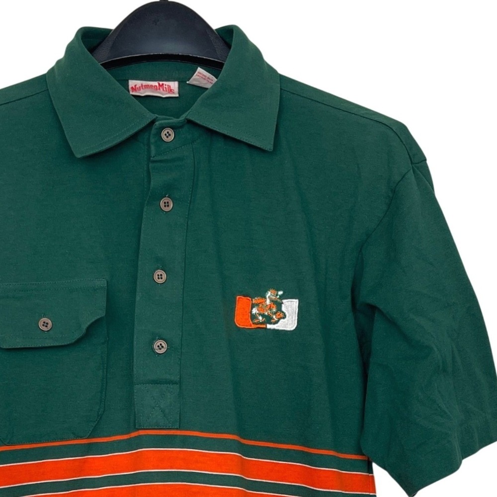 Vintage 90's Nutmeg Mills Miami Hurricanes Polo Shirt Mens Large Green Striped